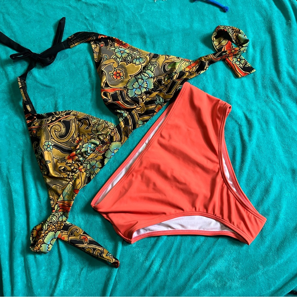 Floral Print Bikini Set - Turquoise & Orange Hurley